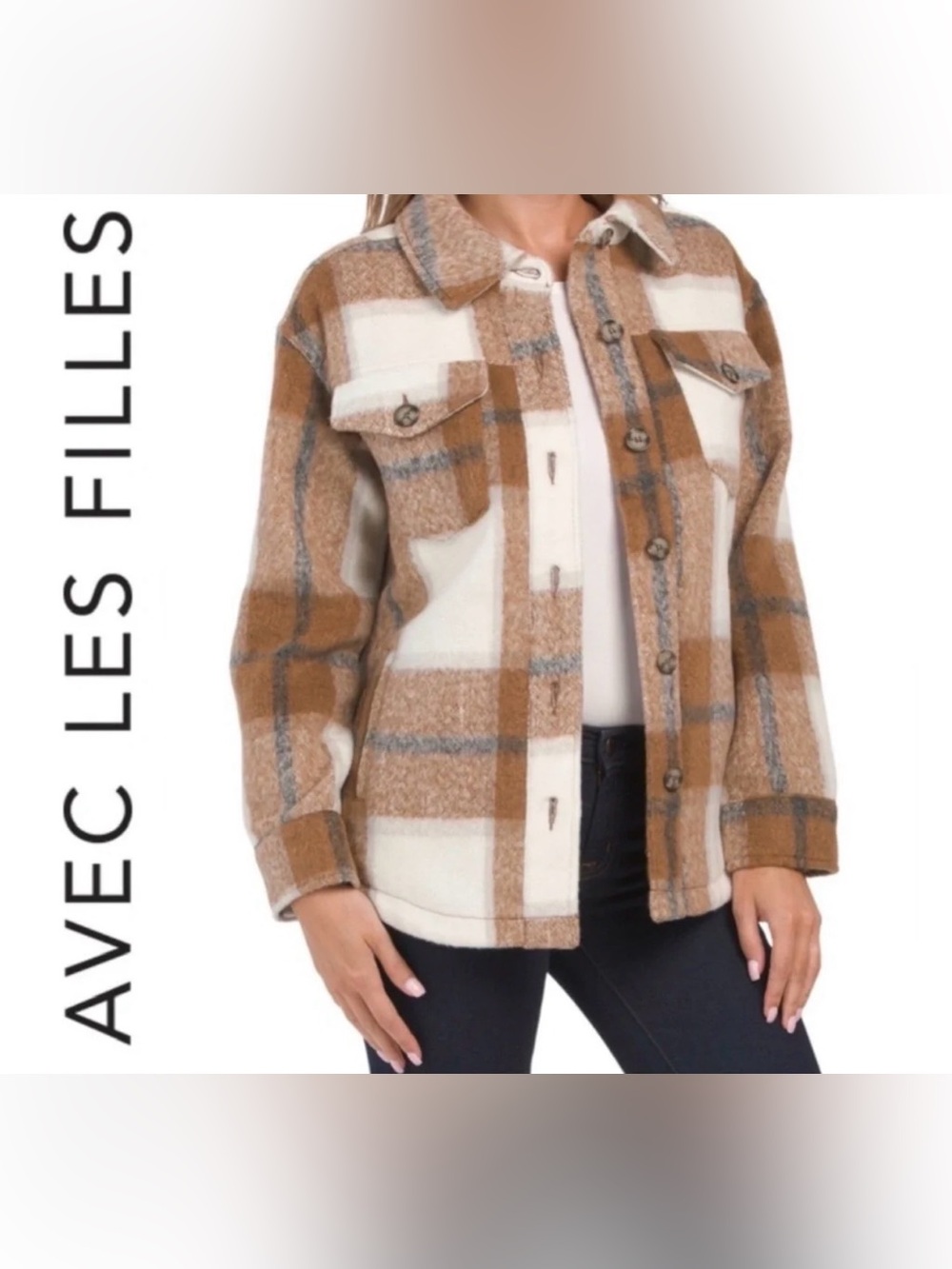 Avec Les Filles Camel and White Plaid Teddy Shacket